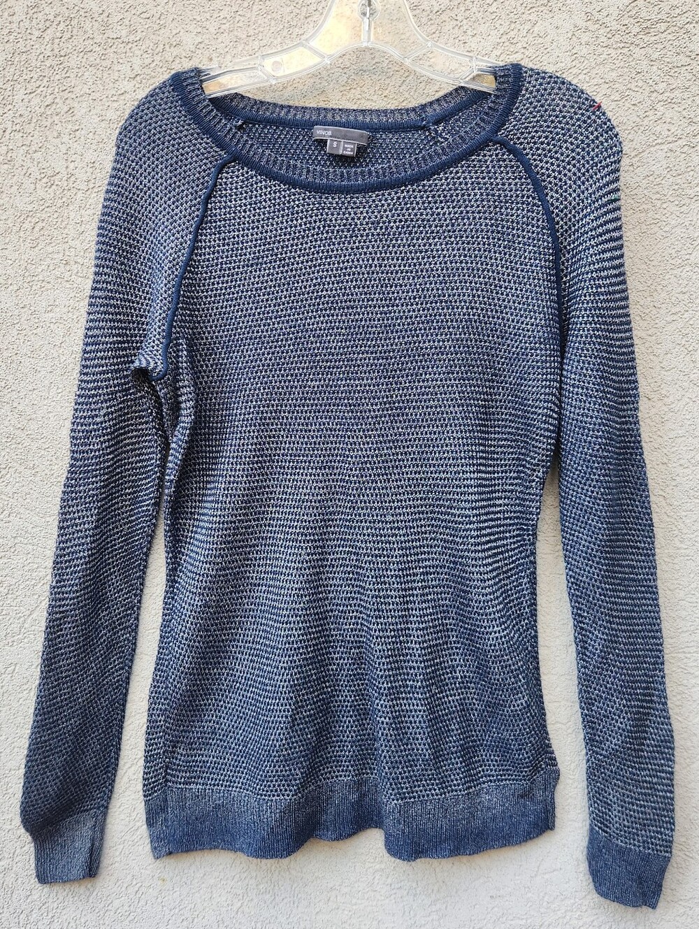 VINCE Women's Sweater Small Blue Pullover Linen Blend Textured Raglan Top